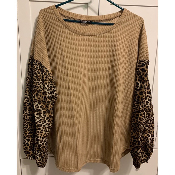 SHEIN Tops - SHEIN Blouse Leopard Waffle Sleeve XXL